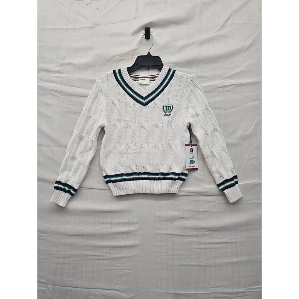 Wilson Girls V-Neck Cable‎ Knit Pullover Sweater White Cotton Blend Prep Size M